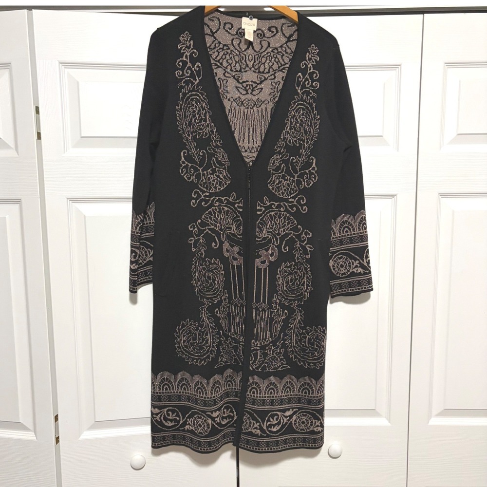 Chico Duster Cardigan Sweater Women 12 Black Silver Metallic Whimsigoth Core 90s